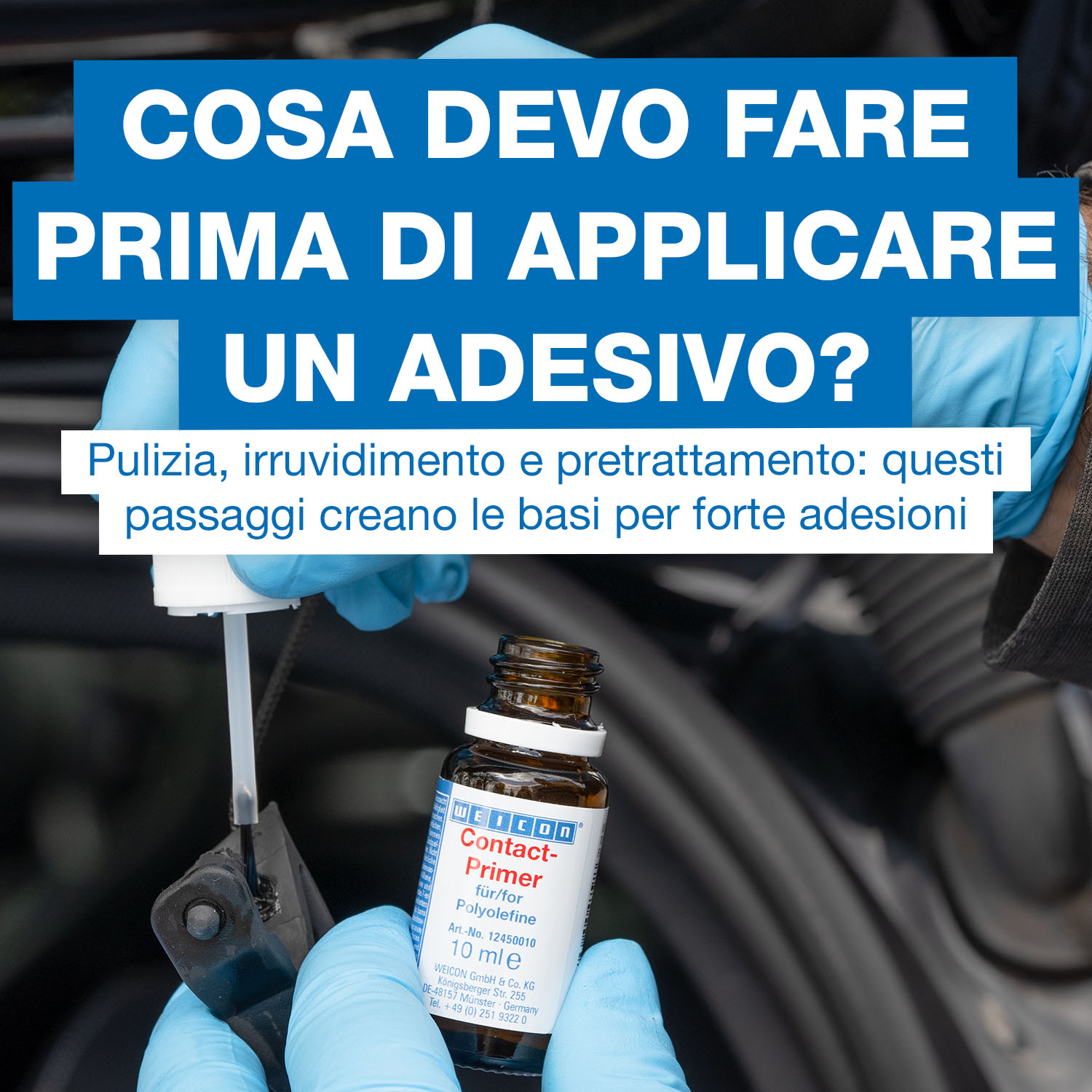 contact primer, adhesive, primer bottle, blue gloves, car maintenance