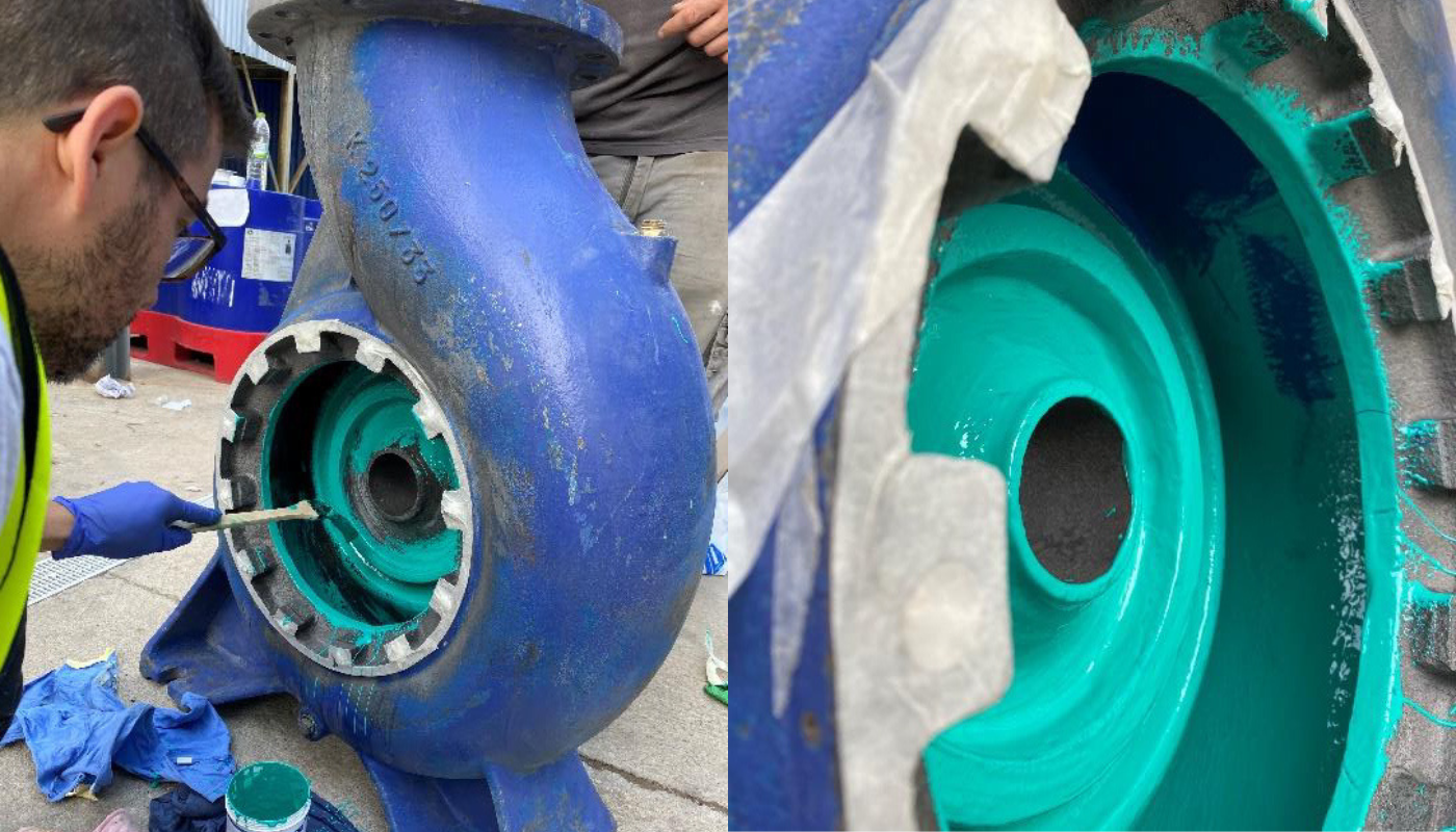 industrial mixer, teal coating, machinery paint, apply coating, green inner cavity