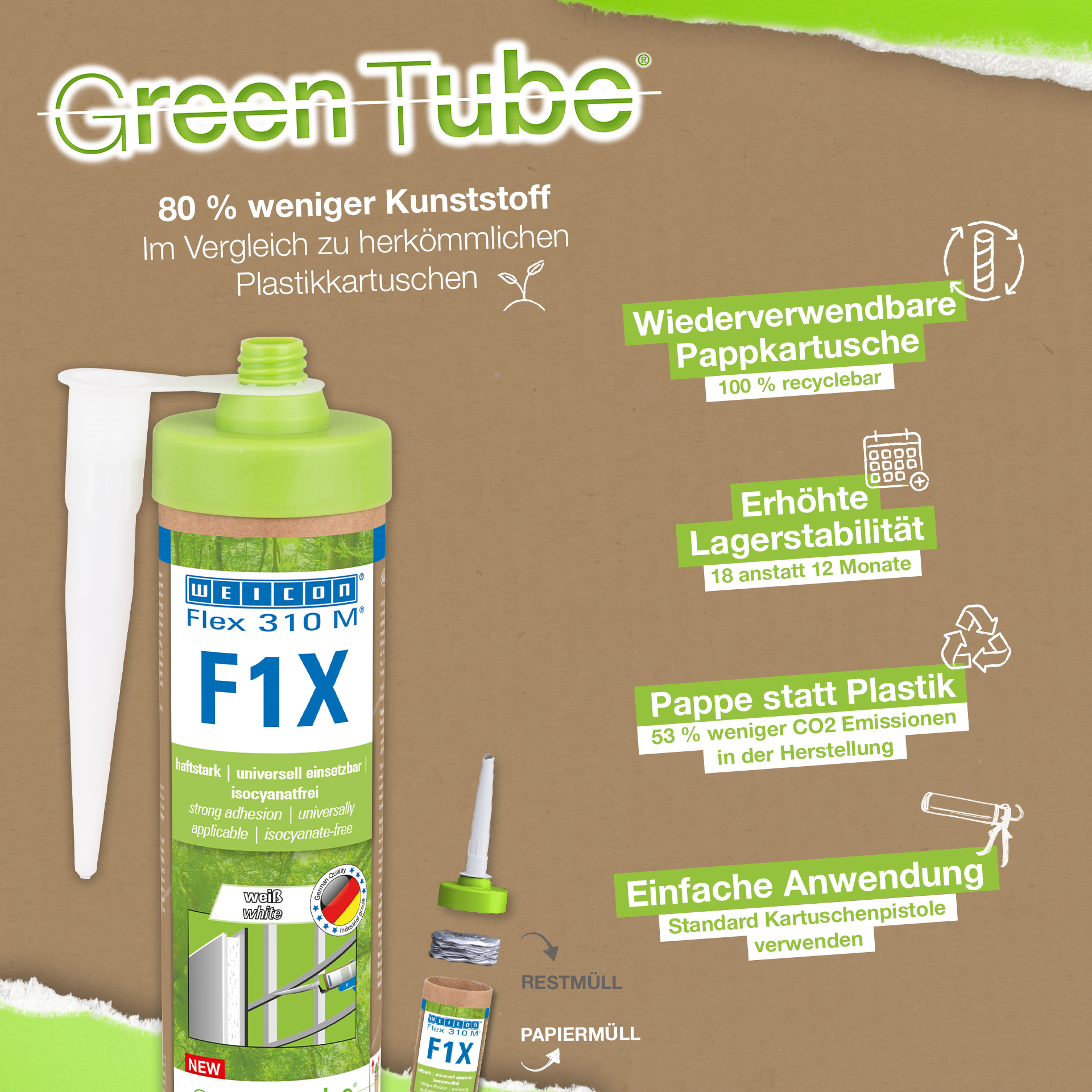 WEICON Flex 310 M F1X Green Tube | Adesivo e sigillante a base di polimeri MS con elevatissima adesione iniziale, resistente alle temperature fino a 180°C