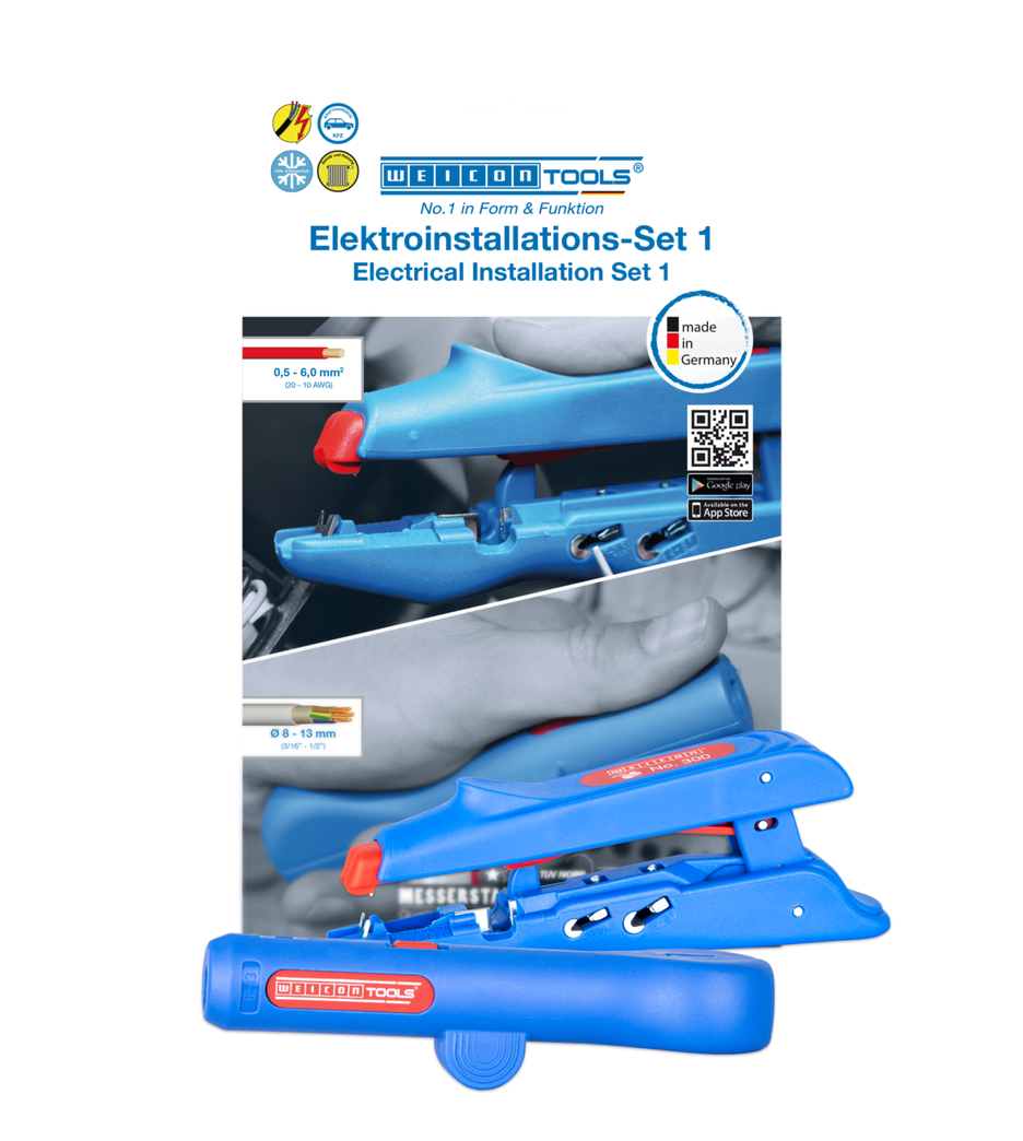 Kit per impianti elettrici 1 | Set di spelatura in 2 pezzi, comprensivo di pinza crimpatrice e spelacavi rotondo Kit per impianti elettrici 1 | Set di spelatura in 2 pezzi, comprensivo di pinza crimpatrice e spelacavi rotondo