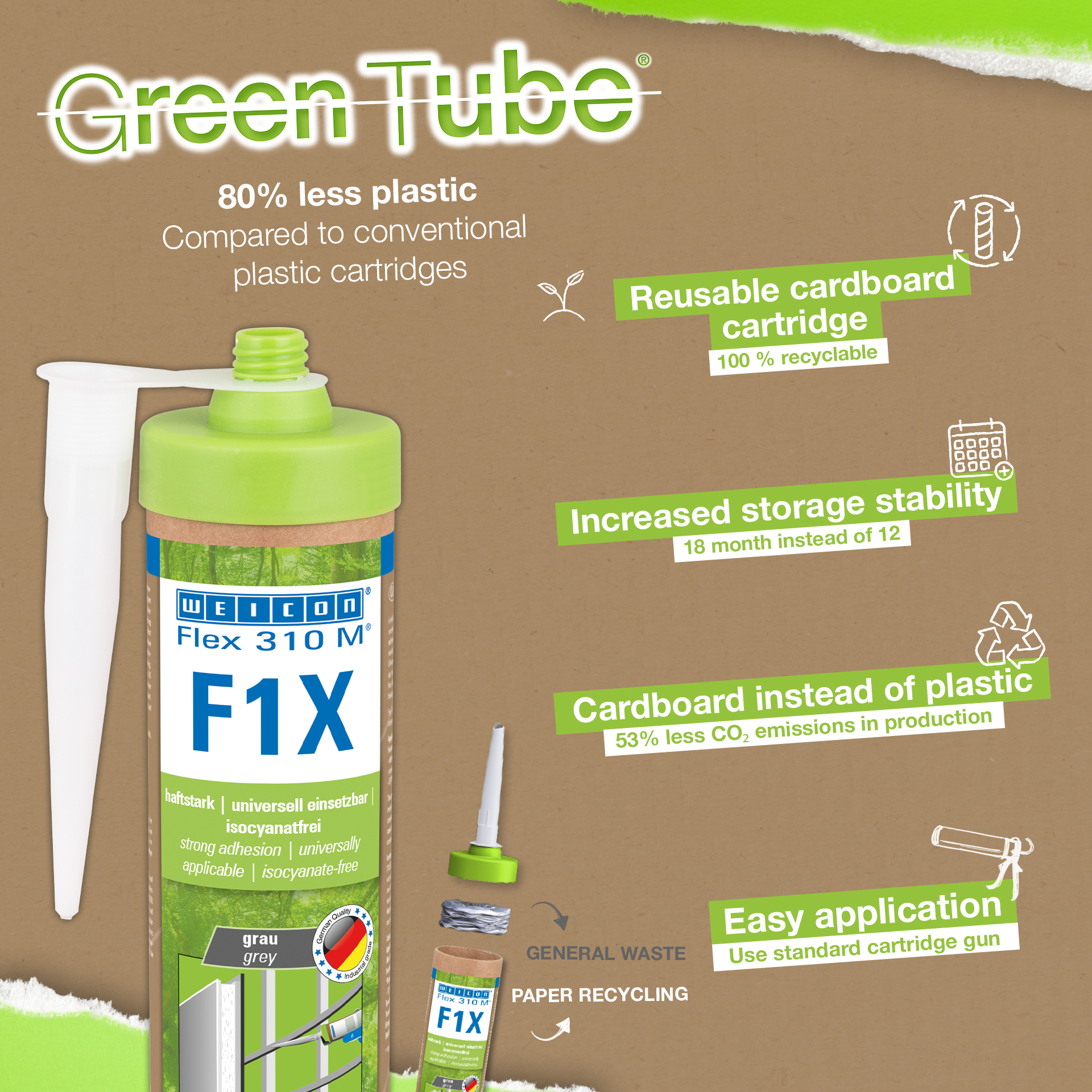 WEICON Flex 310 M F1X Green Tube | Adesivo e sigillante a base di polimeri MS con elevatissima adesione iniziale, resistente alle temperature fino a 180°C