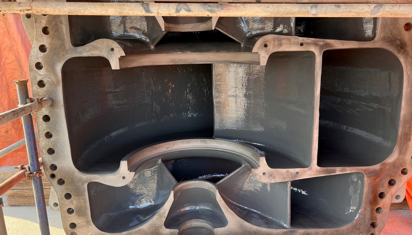 industrial component, machinery housing, steel interior, bolt pattern, large impeller